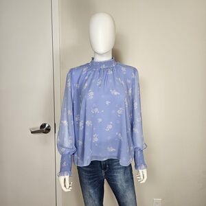 Wilfred Aritzia Light Blue Floral Lightweight Flowy High Neck Blouse Sz L